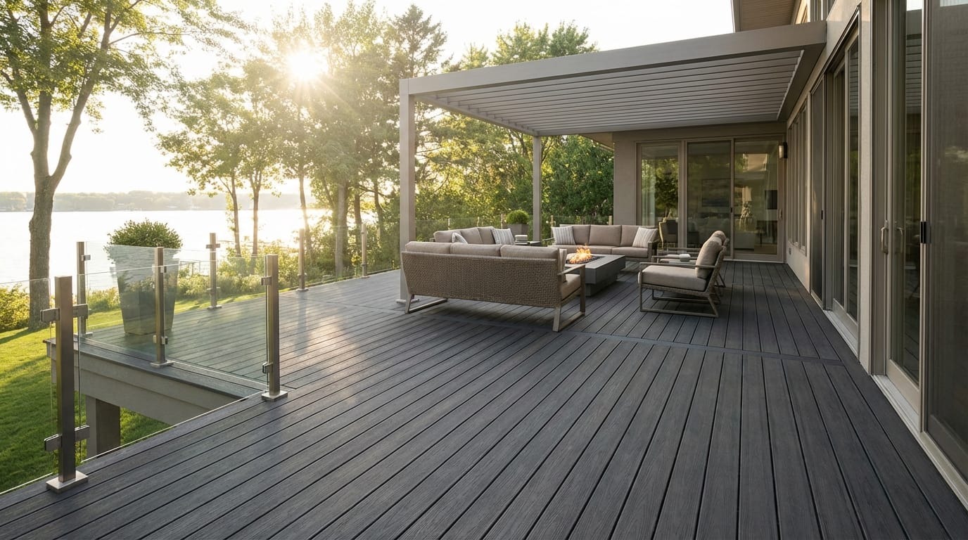 Lakeside TimberTech composite deck with louvered pergola and glass railing in Simcoe County